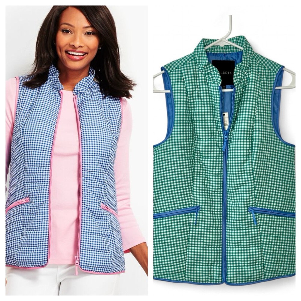 NWT Talbots Quilted Green & White Gingham Vest XS |  Preppy Chic